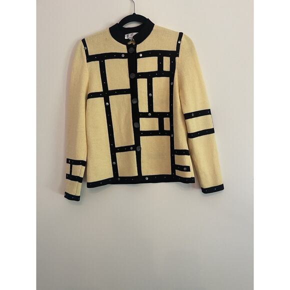 JSS Woman’s Knit Ware Blazer/ Jacket Sz S Yellow / Black strips Wool blend USA - Picture 1 of 11